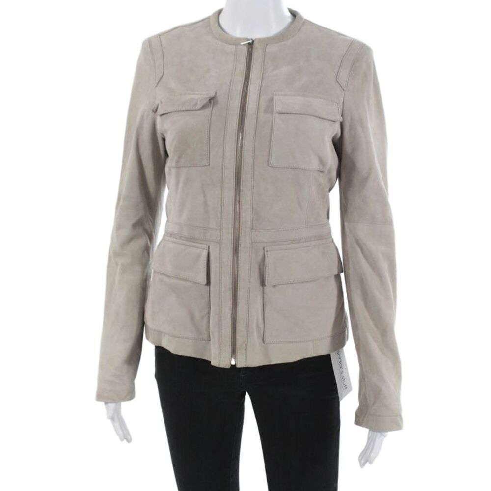 Belstaff Women Military Leather Jacket Beige Zip Long Sleeve Size 40